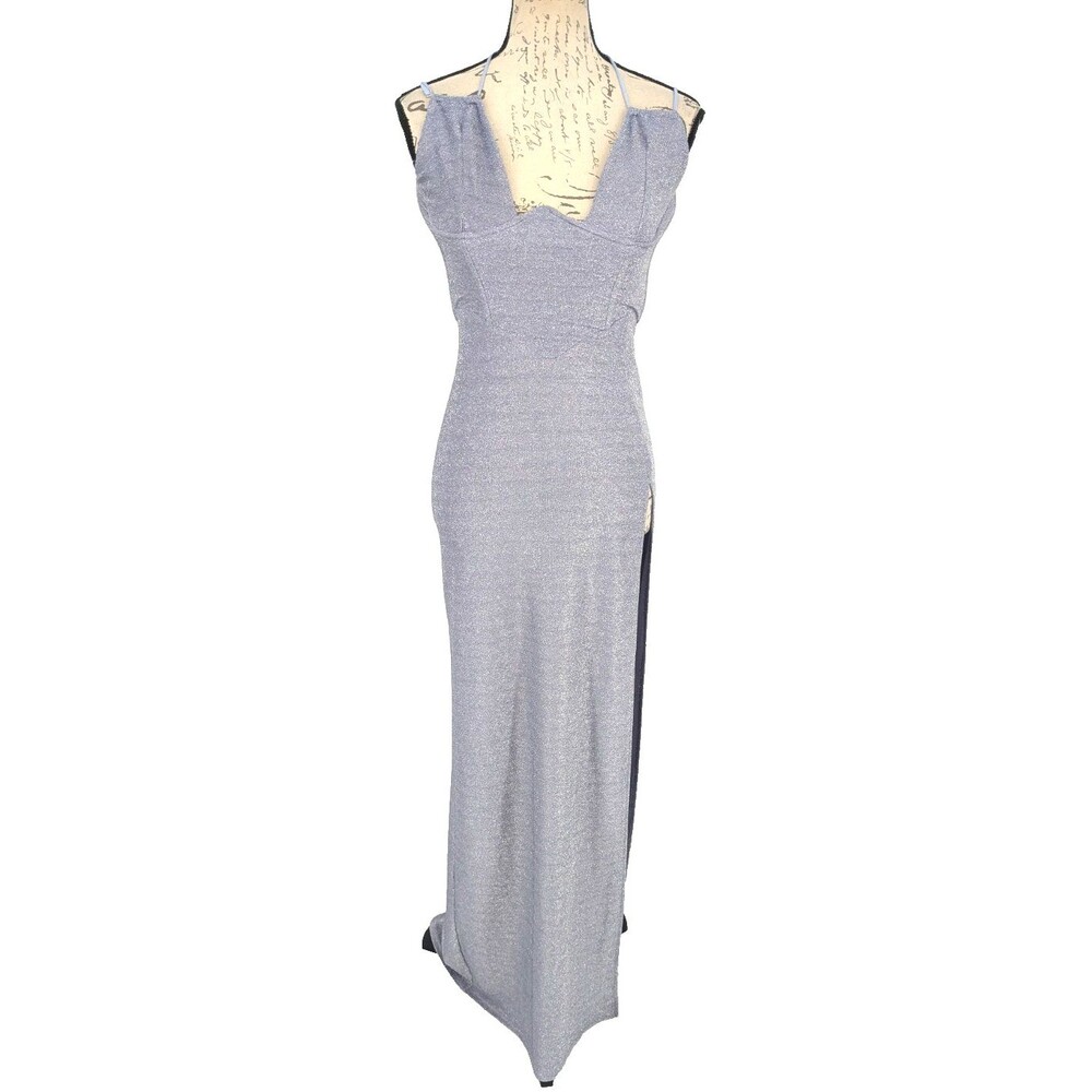 LUCY IN THE SKY Maxi Formal Dress Size Small Lavendar Glitter Sheath Stretch